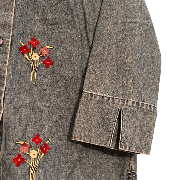 Lemon Grass Denim Shirt Jacket Floral Embroidery Red Plaid Front Panel Petite M - Picture 5 of 14